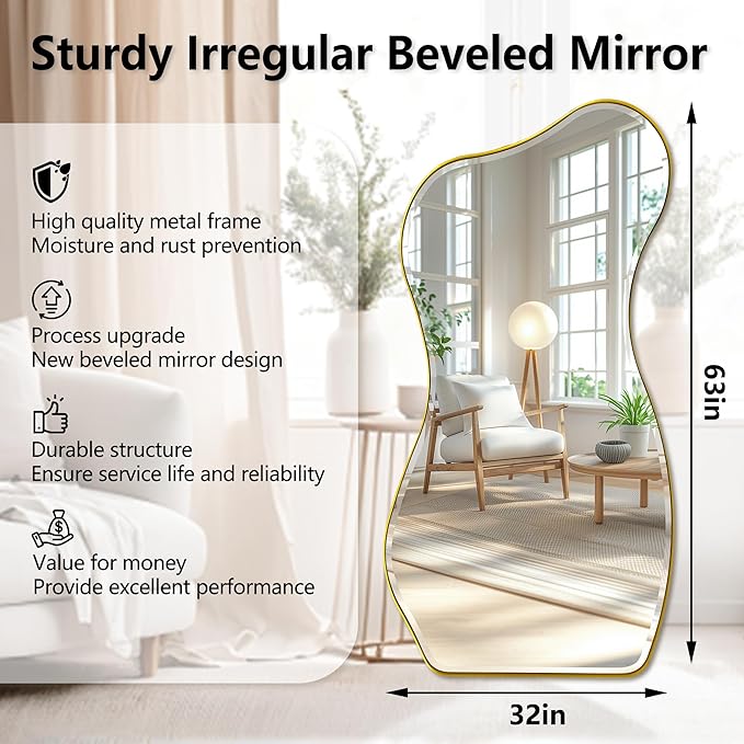 POZINO Irregular Beveled Mirror, 63"x32" Large Asymmetrical Aesthetic Wall Mirror with Metal Frame, Premium Organic Floor Mirrors for Living Room Bedroom Hallway Entryway, Leaning/Wall-Mount