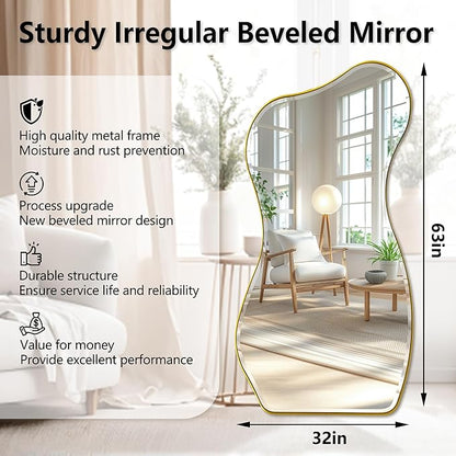 POZINO Irregular Beveled Mirror, 63"x32" Large Asymmetrical Aesthetic Wall Mirror with Metal Frame, Premium Organic Floor Mirrors for Living Room Bedroom Hallway Entryway, Leaning/Wall-Mount