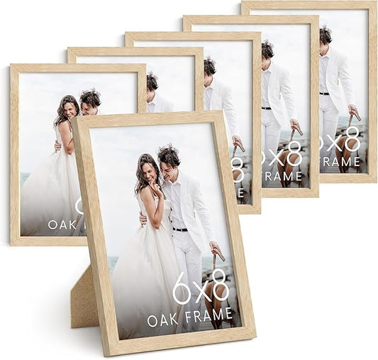 HAUS AND HUES Beige Oak Wood 6x8 Picture Frame - Modern Wood Wall Art Display - Lightweight 6x8 Frame for Certificates, Art Prints, Photos, Posters - Ready-to-Hang Vertically & Horizontally (Set of 6)