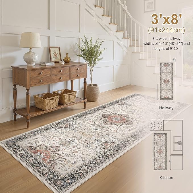 Area Rug for Living Room - 3x8 Large Soft Washable Oriental Vintage Floral Carpet Safe for Babies & Pets - Fade Stain Resistant Non Slip Rugs for Bedroom Dining Room Nursery Dorm Office Home Decor