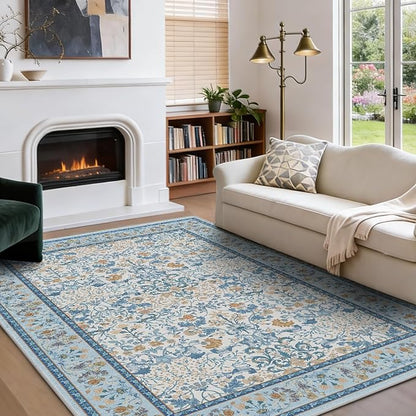 AMADA HOMEFURNISHING 5x7 Area Rug, Washable Living Room Rug with Non-Slip Backing, Low Pile and Durable Edge Binding, Vintage Soft Floral Rugs for Living Room, Bedroom, Dining Room