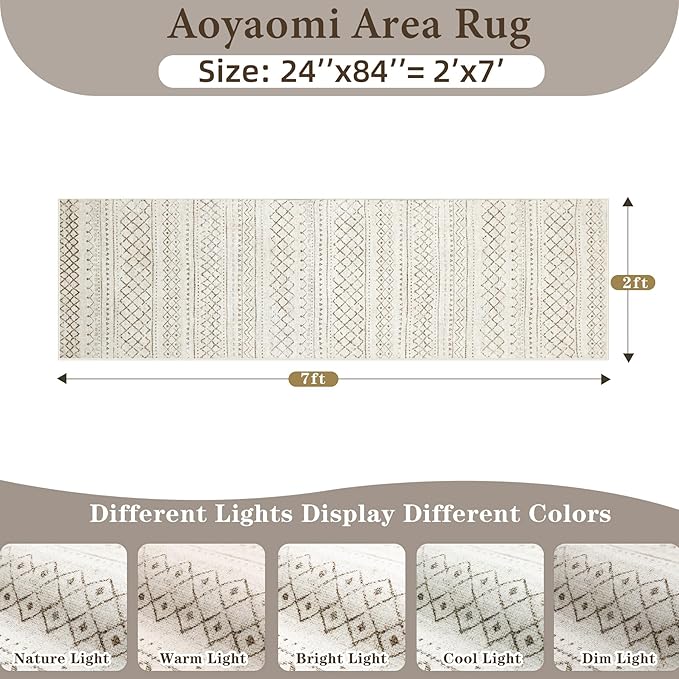 Runner Rug 2x7 Boho Geometric Area Rugs: Washable Kitchen Entryway Rug, Soft Non Slip Moroccan Long Hallway Rugs for Bedroom Bathroom Laundry Entryway Staircase Foyer(Brown,2X7)