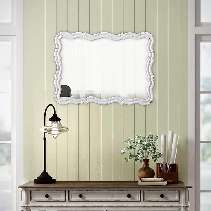 Rustic Scalloped Wall Mirror Decorative 24 X 18 Inch, Hanging Distressed White Wavy Wooden Frame Farmhouse Rectangular Mirrors for Wall Decor Living Room Bathroom, Horizontal or Vertical