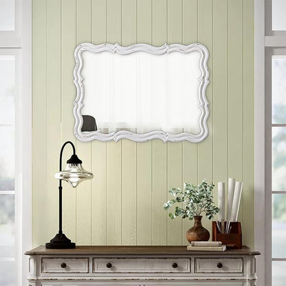 Rustic Scalloped Wall Mirror Decorative 24 X 18 Inch, Hanging Distressed White Wavy Wooden Frame Farmhouse Rectangular Mirrors for Wall Decor Living Room Bathroom, Horizontal or Vertical