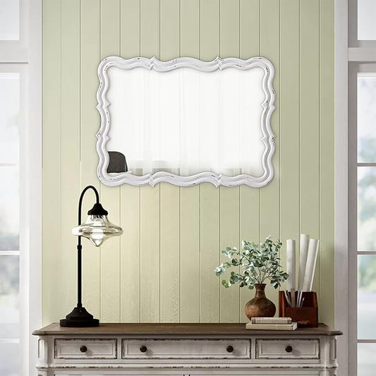 Rustic Scalloped Wall Mirror Decorative 24 X 18 Inch, Hanging Distressed White Wavy Wooden Frame Farmhouse Rectangular Mirrors for Wall Decor Living Room Bathroom, Horizontal or Vertical