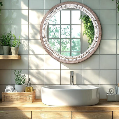 Reflinto 24 Inch Boho Wooden Round Mirror for Wall Decor, Rustic Farmhouse Circle Mirrors Decorative for Bathroom Over Sink, Living Room, Entryway, Hallway