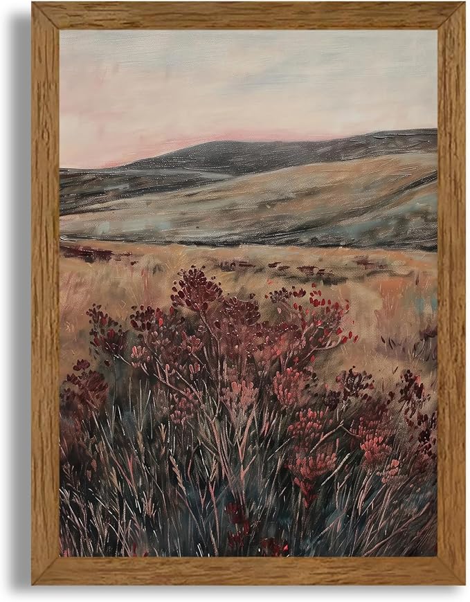 JLTULT Framed Vintage Landscape Canvas Wall Art, Maroon Flower Scenery Paintings Wall Decor, Maroon Dark Wildflower Picture Art Prints for Living Room Bedroom Office Decoration 12x16 inch Easy to Hang