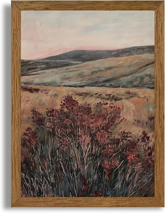 JLTULT Framed Vintage Landscape Canvas Wall Art, Maroon Flower Scenery Paintings Wall Decor, Maroon Dark Wildflower Picture Art Prints for Living Room Bedroom Office Decoration 12x16 inch Easy to Hang