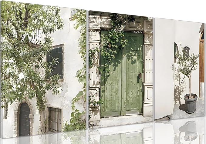 Yxjyzzkx Mediterranean Olive Green Wall Art Set of 3, Italy Courtyard Door Canvas Prints, Tuscany Landscape Triptych Wall Decor, Vintage European Canvas Art for Living Room Bedroom Office, 12x16 Inch