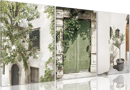 Yxjyzzkx Mediterranean Olive Green Wall Art Set of 3, Italy Courtyard Door Canvas Prints, Tuscany Landscape Triptych Wall Decor, Vintage European Canvas Art for Living Room Bedroom Office, 12x16 Inch