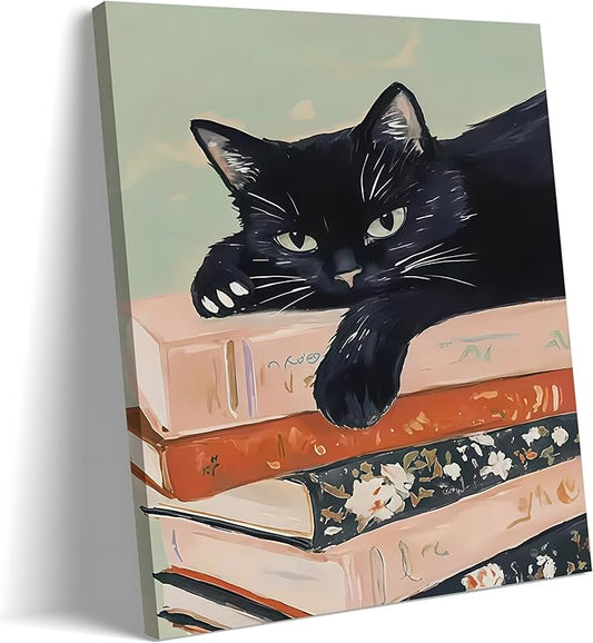 Framed Black Cat Canvas Wall Art, Funny Cat lying on a pile of books Painting, Abstract Animal Posters Prints Wall Decor for Living Room Bathroom Gallery Dining Room Decor 12x16 inch