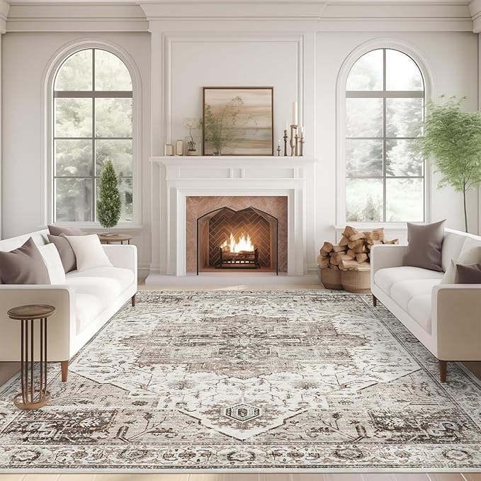 9x12 Area Rugs for Living Room, Machine Washable Non Slip Vintage Rug, Non-Slip Stain Resistant, Large Soft Home Decor Rug for Bedroom Dining Room (Brown, 9'x12')