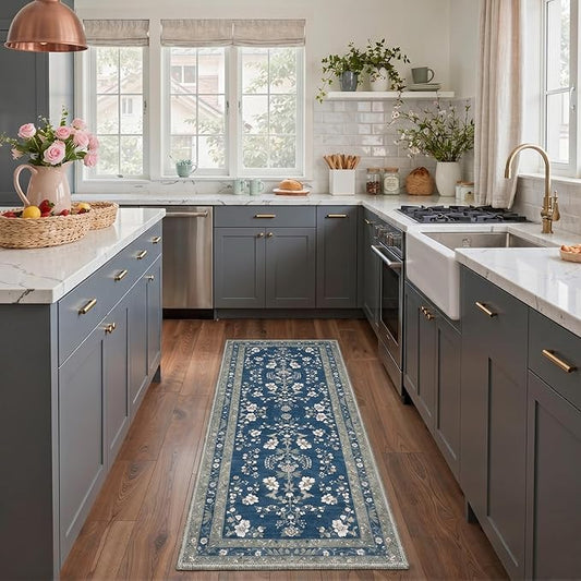 GENIMO Runner Rug 2x5 Non Slip Machine Washable Vintage Hallway Runner Rug, Low Pile Lightweight Rugs for Entryway, Hallway, Kitchen and Corridor, Dusty Navy