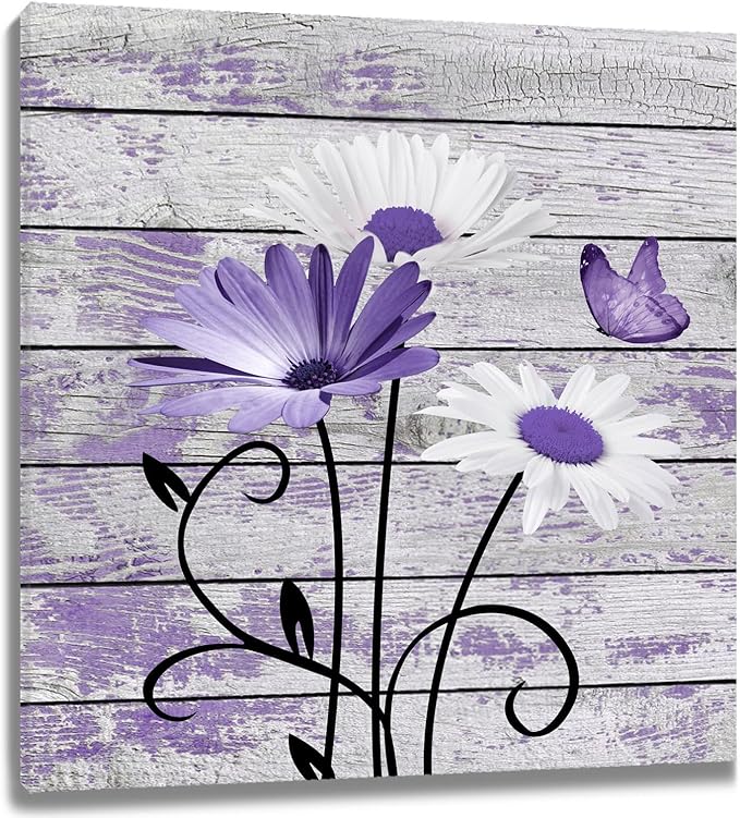 HVEST Farmhouse Purple Floral Wall Art for Living Room, Daisy and Butterfly on Rustic Wood Canvas Wall Art Nature Plant Flower Pictures for Bathroom Bedroom Apartment Wall Decor,12L X 12W inches