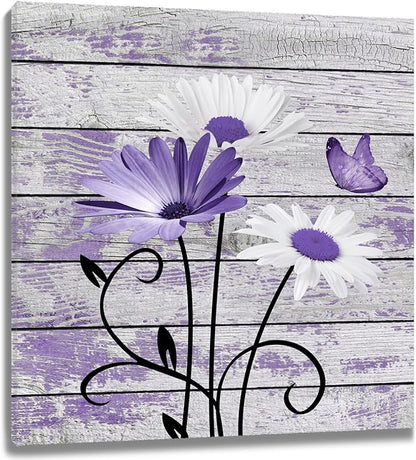 HVEST Farmhouse Purple Floral Wall Art for Living Room, Daisy and Butterfly on Rustic Wood Canvas Wall Art Nature Plant Flower Pictures for Bathroom Bedroom Apartment Wall Decor,12L X 12W inches