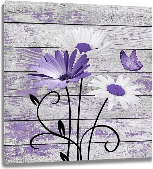 HVEST Farmhouse Purple Floral Wall Art for Living Room, Daisy and Butterfly on Rustic Wood Canvas Wall Art Nature Plant Flower Pictures for Bathroom Bedroom Apartment Wall Decor,12L X 12W inches