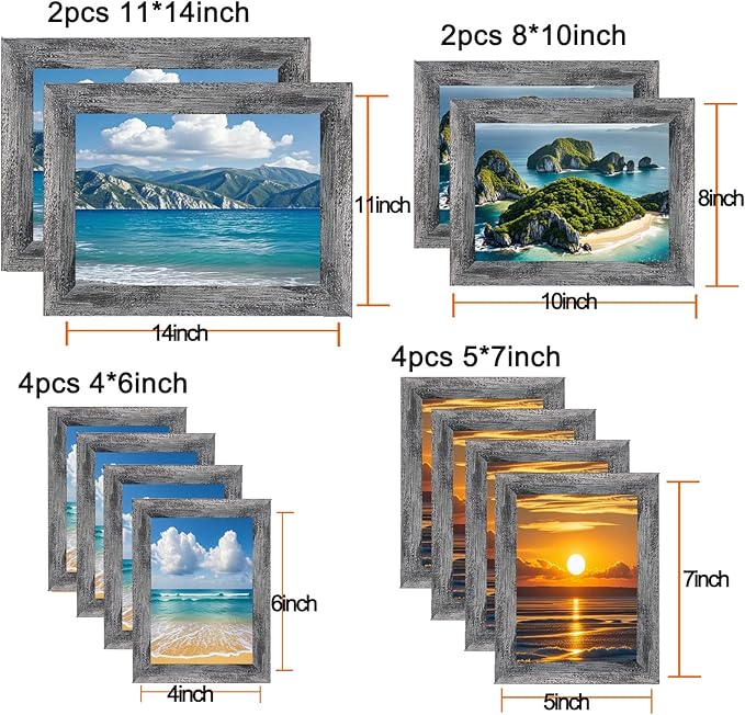xnlkros 12 pack assorted gallery wall picture frame,rustic farmhouse wood picture frames multiple sizes including 4x6, 5x7, 8x10, 11x14, Ideal for living room hanging or tabletop display,Rustic Black