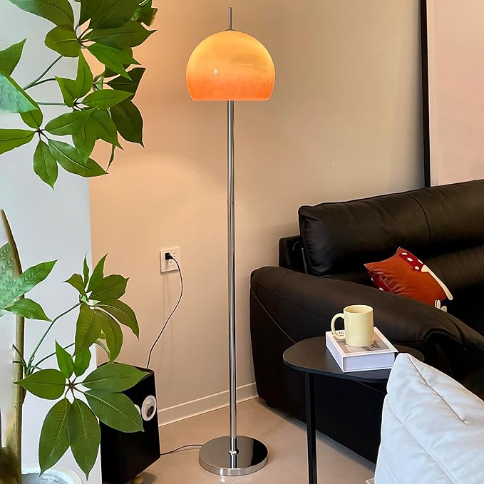 Glass Floor Lamp, Industrial Standing Lamp with Orange Dome Shade, Mid Century Tall Pole Standing Accent Lighting for Office Living Room Bedroom