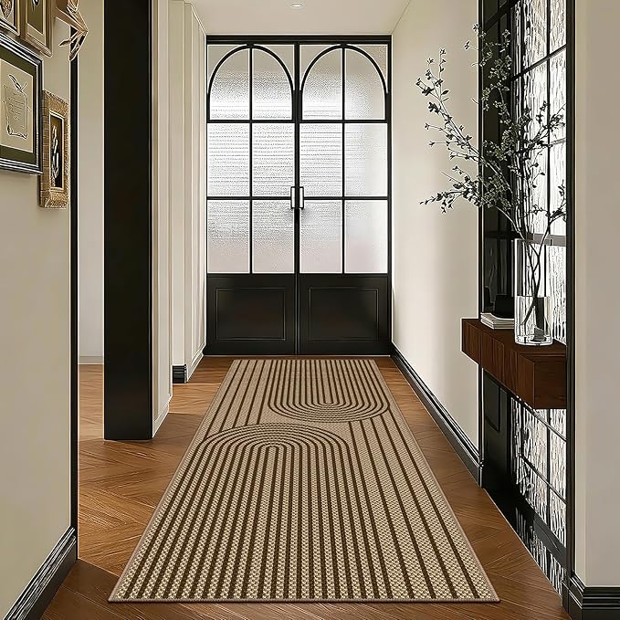 Easy Jute Hallway Runner Rug, 2' x 6' Kitchen Runner, Brown Farmhouse Ultra-Thin Washable Non-Slip Carpet Runner for Laundry, Bedroom, Backyard, Outdoor, Home Decor
