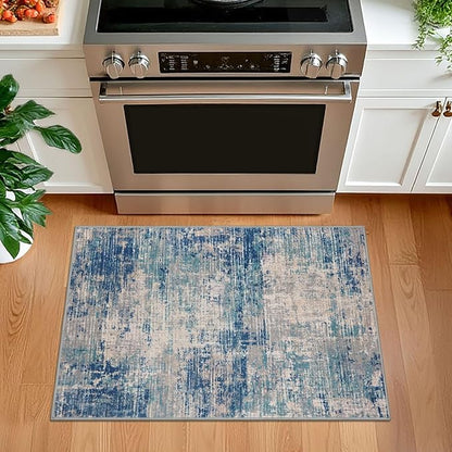 KILOCOCO Abstract Small Area Rug 2x3 Entryway Rug Washable Kitchen Rugs Door Mat Indoor Entrance Soft Pinted Non Slip Throw Rugs for Front Door Foyer Farmhouse Floor Mats, Blue/Grey/Beige