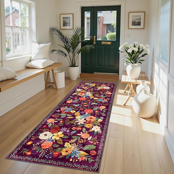 Runner Rug for Hallways Kitchen 2x8, Non Slip Washable Rugs with Rubber Backing Soft Floral Carpet for Hallways, Kitchen, Laundry, Bedroom, Bathroom (2 x 8, Purple)