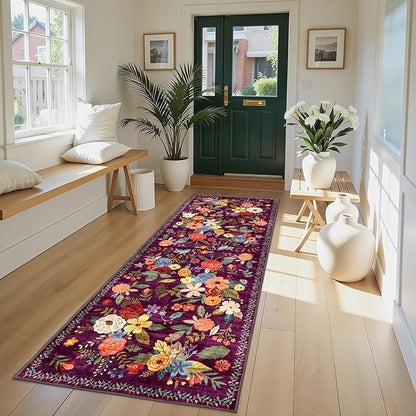 Runner Rug for Hallways Kitchen 2x8, Non Slip Washable Rugs with Rubber Backing Soft Floral Carpet for Hallways, Kitchen, Laundry, Bedroom, Bathroom (2 x 8, Purple)