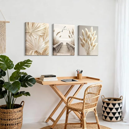 3 Pcs Beige Reeds Botanical Framed Canvas Wall Art Neutral Palm Fronds Wall Paintings Quiet Beach Landscapes Art Prints Picture Home Decor for Bedroom Living Room Office Reay to Hang 20"x28"x3Pcs