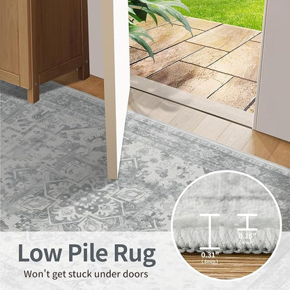 Rugxara Washable Area Rug for Living Room, Neutral Vintage Boho Rugs for Office, Dining Room, Kids Room, Farmhouse, Durable Low Pile Non Slip Carpet for High Traffic Areas, Light Grey(4x6ft)