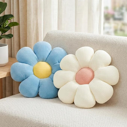 2 Pcs White Blue Flower Pillow Decorative Throw Pillows for Bed Couch Sofa Chair,15.35" Cute Aesthetic Flower Daisy Shaped Pillows Floor Cushions for Bedroom Room Classroom (White+Blue, 15.35 Inch)