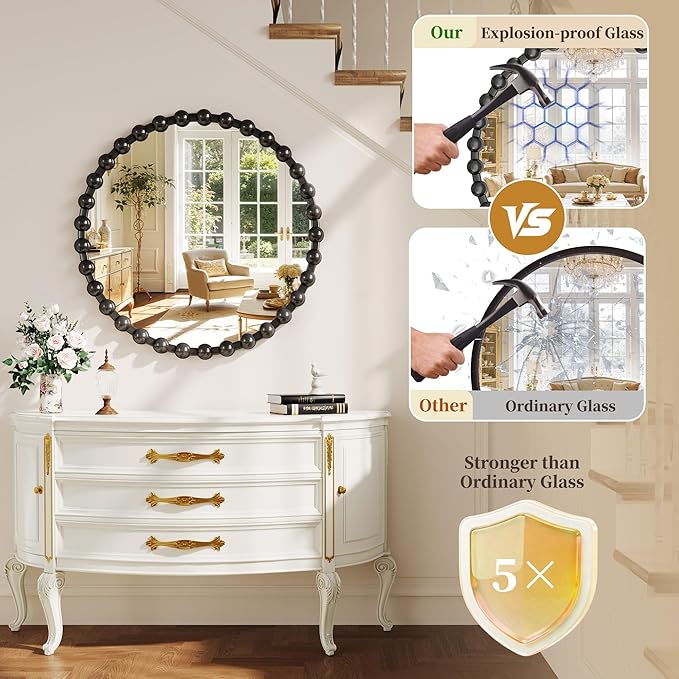 Round Vanity Mirror with Beaded Frame, 28 Inch Circle Wall Mirror for Bedroom Dresser, Entryway, Bathroom, Living Room, Decorative Hanging Wall Mirror, Black