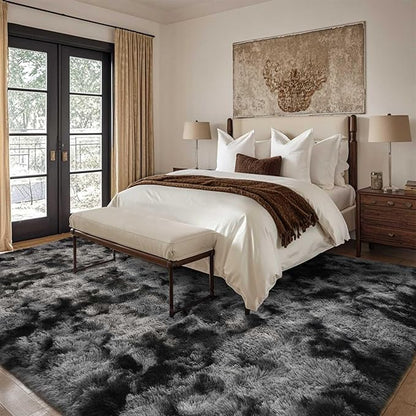 8x10 Ft Extra Large Shag Rugs for Living Room, Tie Dyed Ultra Soft Fluffy Furry Area Rugs for Bedroom Indoor Floor, Aesthetic Carpet for Kids Home Decor (Dark Grey)