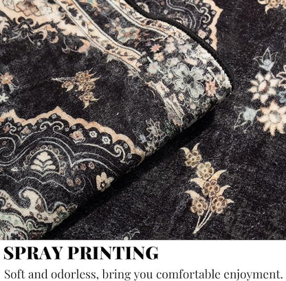 MUJOO Black Rug 6'x9',Washable Area Rugs for Living Room Bedroom Dining Room, Large Boho Vintage Farmhouse Distressed Non Slip Carpet,Floral Flowers