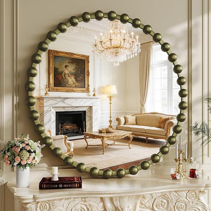 Round Mirror for Wall, 36 Inch Bronze Round Vanity Mirror with Beaded Frame, Modern Decorative Wall Mirror for Bathroom, Entryway, Bedroom, Living Room, Shatter-Proof Tempered Glass, Bronze