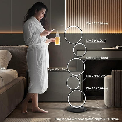 COSYLUX LED Modern Floor Lamp for Bedroom, 3 Way Bright Dimmable Corner Floor lamp with 5-Ring 2-in-1 Standing Tall End Table Lamp for Living Room & Office Reading Light, 3260LM, 6000K, Black.
