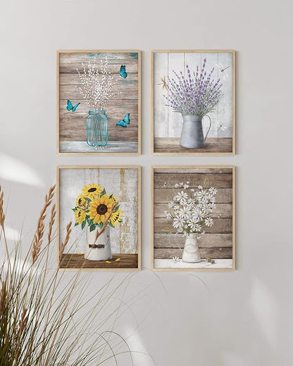 HAUS AND HUES Flower Wall Decor - Set of 4 Floral Wall Art, Framed Flower Paintings, Floral Pictures, Frameable Botanical Posters (8x10, Beige Frame)