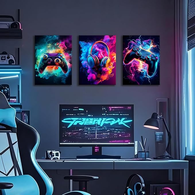 WENGTIAO 3Pcs Framed Gaming Canvas Wall Art Prints Cool Video Gamer Painting Neon Gamepad Headphones Posters Colorful Game Controller Pictures Esports Artwork for Teen Boys Bedroom Play Room 12x16in