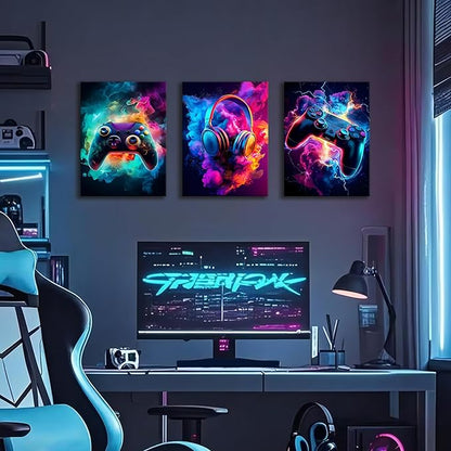 WENGTIAO 3Pcs Framed Gaming Canvas Wall Art Prints Cool Video Gamer Painting Neon Gamepad Headphones Posters Colorful Game Controller Pictures Esports Artwork for Teen Boys Bedroom Play Room 12x16in