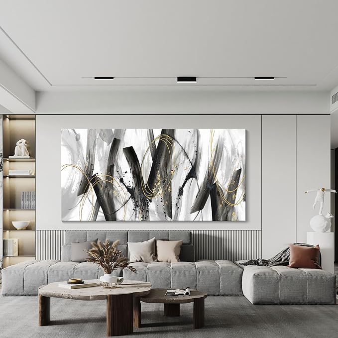 AJAZIKO Black and Gold Modern Wall Art - Large Abstract Wall Art Decor for Living Room, Bedroom, Office - Elegant Black and White Painting for Stylish Home Decor