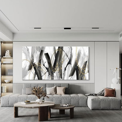 AJAZIKO Abstract Wall Art for Living Room - Large, Black and Gold Wall Art Decor, Office Pictures, Modern Artwork Paintings, Black and White Wall Decor - Ideal for Bedroom and Office Decorations