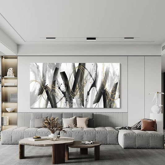 AJAZIKO Abstract Wall Art for Living Room - Large, Black and Gold Wall Art Decor, Office Pictures, Modern Artwork Paintings, Black and White Wall Decor - Ideal for Bedroom and Office Decorations