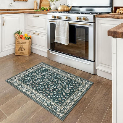 KUTA Vintage 2x3 Rugs for Entryway, Non-Slip Washable Kitchen Rugs & Indoor Door Mat with Floral Print, Green Beige Ultra Thin Soft Low-Pile Throw Rug for Front Door, Bedside, Small Spaces
