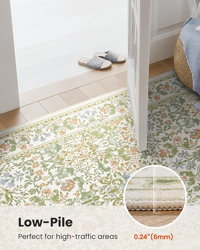 AMADA HOMEFURNISHING 5x7 Area Rug, Washable Living Room Rug with Non-Slip Backing, Low Pile and Durable Edge Binding, Vintage Soft Floral Rugs for Living Room, Bedroom, Dining Room