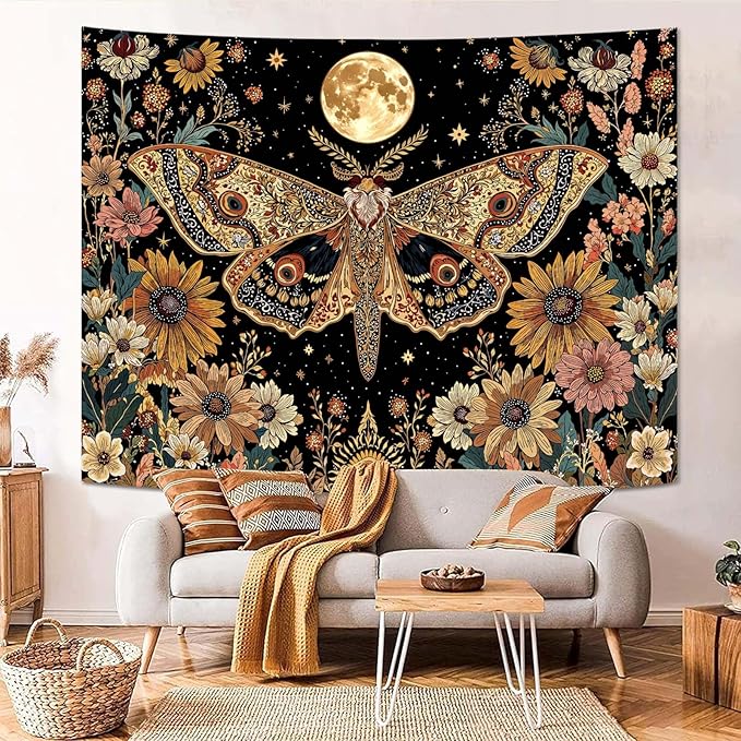 Leeisysme Hippie Moth Butterfly Moon Tapestry, Aesthetic Witchy Floral Moth Wall Art for Living Room Bedroom Home Decor, 44x60 inches