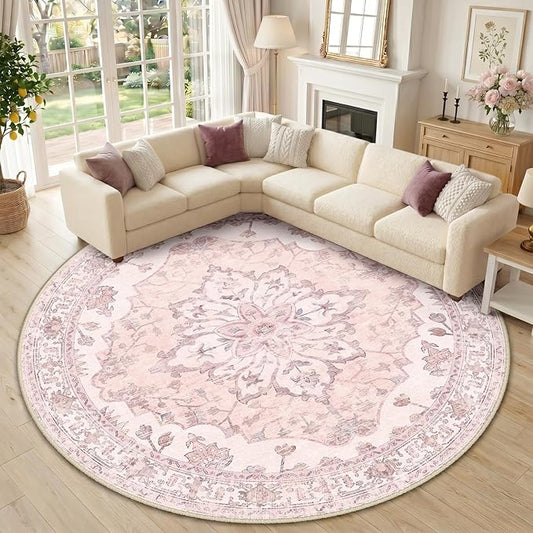 RELEANY Area Rugs Round 10ft Washable Non-Slip, Floral Vintage Distress Print Pattern Medallion Carpet for Living Room Bedroom Dining Room, Pink Greypink Cute