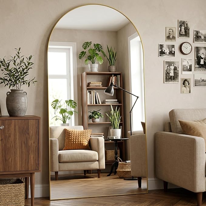 Arched Full Length Mirror 81 x 41 Inch, Full Body Mirror with Stand, Standing Hanging or Leaning Against Wall, Metal Frame Floor Mirror for Bedroom, Living Room, Cloakroom,Gold