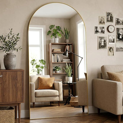 Arched Full Length Mirror 81 x 41 Inch, Full Body Mirror with Stand, Standing Hanging or Leaning Against Wall, Metal Frame Floor Mirror for Bedroom, Living Room, Cloakroom,Gold