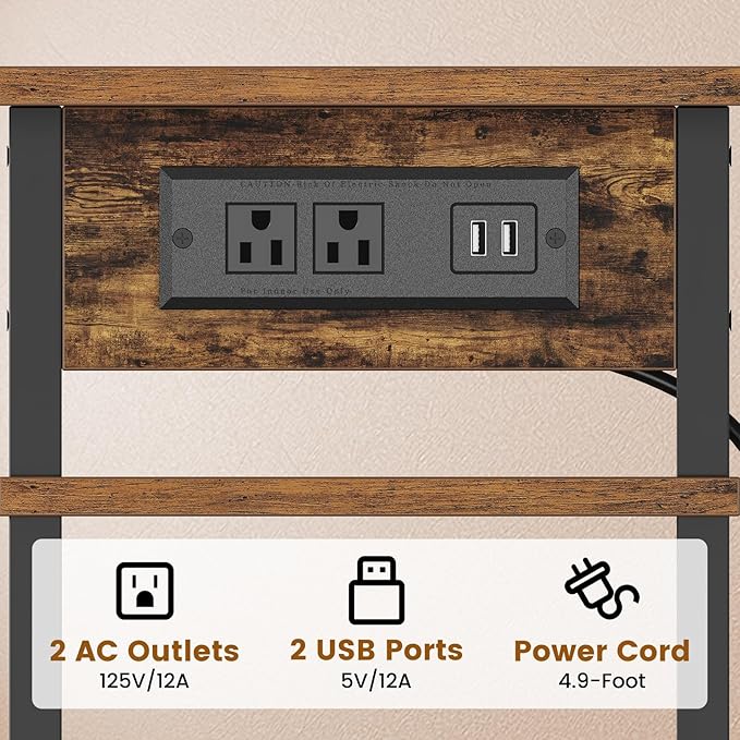 Asgolion Side Table with Charging Station, Skinny Nightstand with USB Ports and Outlets, 3 Tier Narrow End Table with Storage for Bedroom, Living Room, Office, Rustic Brown and Black