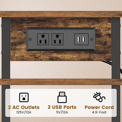 Asgolion Side Table with Charging Station, Skinny Nightstand with USB Ports and Outlets, 3 Tier Narrow End Table with Storage for Bedroom, Living Room, Office, Rustic Brown and Black