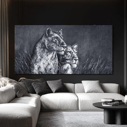 ZENPEE 29"x58" Lion Wall Art - Black & White Spray Print Canvas, Oversized Animal Decor for Bedroom, Living Room, Office - Ready to Hang