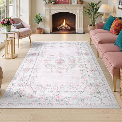 Wonnitar Floral Bow Rug for Girls Bedroom, Pink Area Rug 6x9 for Room Decor, Washable Ultra-Thin Non Slip Soft Boho Aesthetic Carpet for Baby Nursery Kids Room Living Room, Light Pink